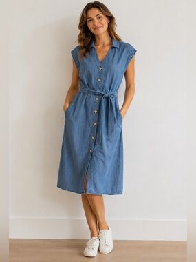 Suzy Shier Blue Chambray Button Jean Dress with Tie.  NWT -  size small